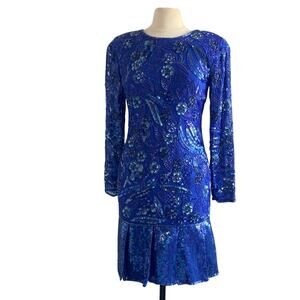 VINTAGE JON CHARLES Blue Sequin Cocktail Dress Womens Sz 6 Silk Long Sleeve
